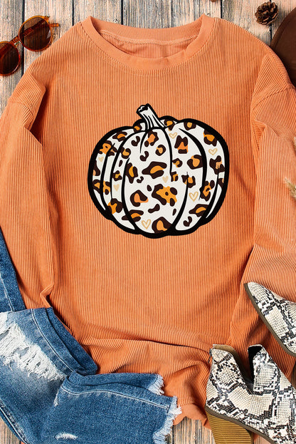Orangefarbenes Sweatshirt mit Leoparden- und Kürbis-Grafik