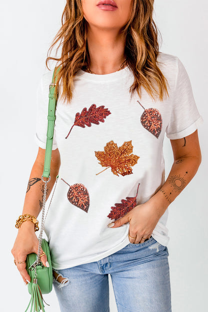 Weißes Halloween T-Shirt mit Rundhalsausschnitt und Pailletten-Blätter-Grafik