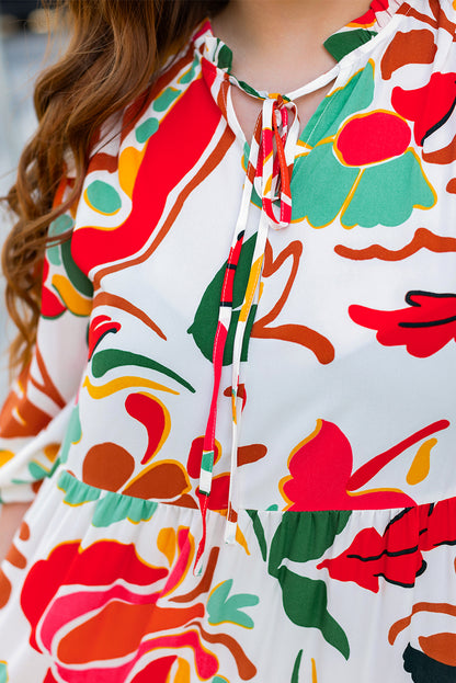 Oranges Kleid mit Blumenmuster und Kordelzug und V-Ausschnitt in Übergröße