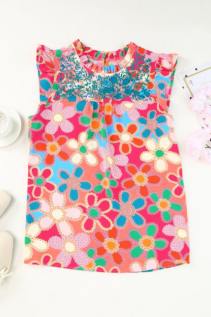 Rosa Tanktop mit Blumenmuster und Rüschenbesatz und Stickerei