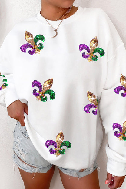Weißes Pullover-Sweatshirt mit Mardi Gras-Grafik und Pailletten