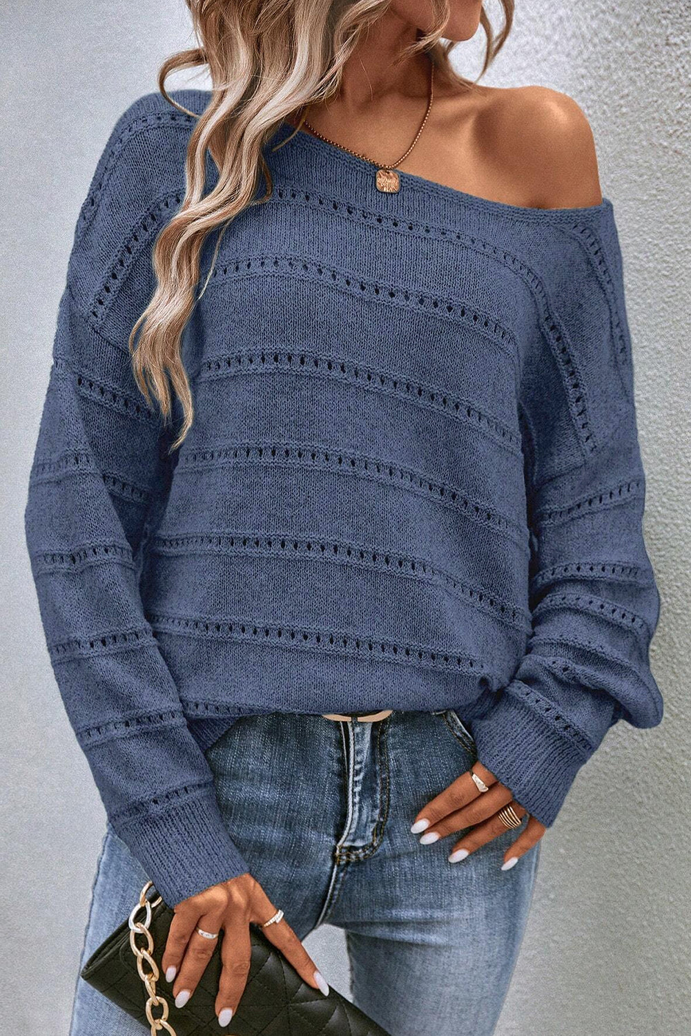 Echter blaugrüner Pointelle-Strickpullover mit U-Boot-Ausschnitt und überschnittener Schulter