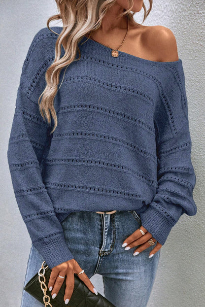 Echter blaugrüner Pointelle-Strickpullover mit U-Boot-Ausschnitt und überschnittener Schulter