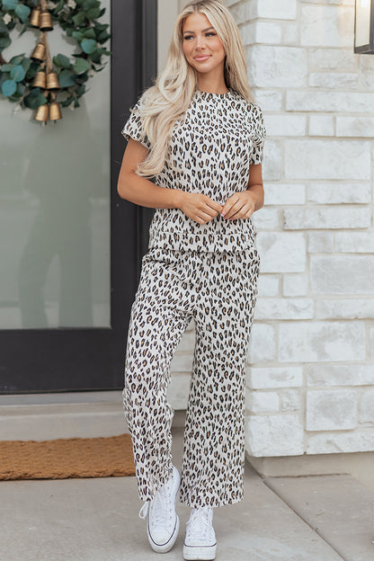 Beige Leopard Print Casual Tee and Pants 2pcs Outfit