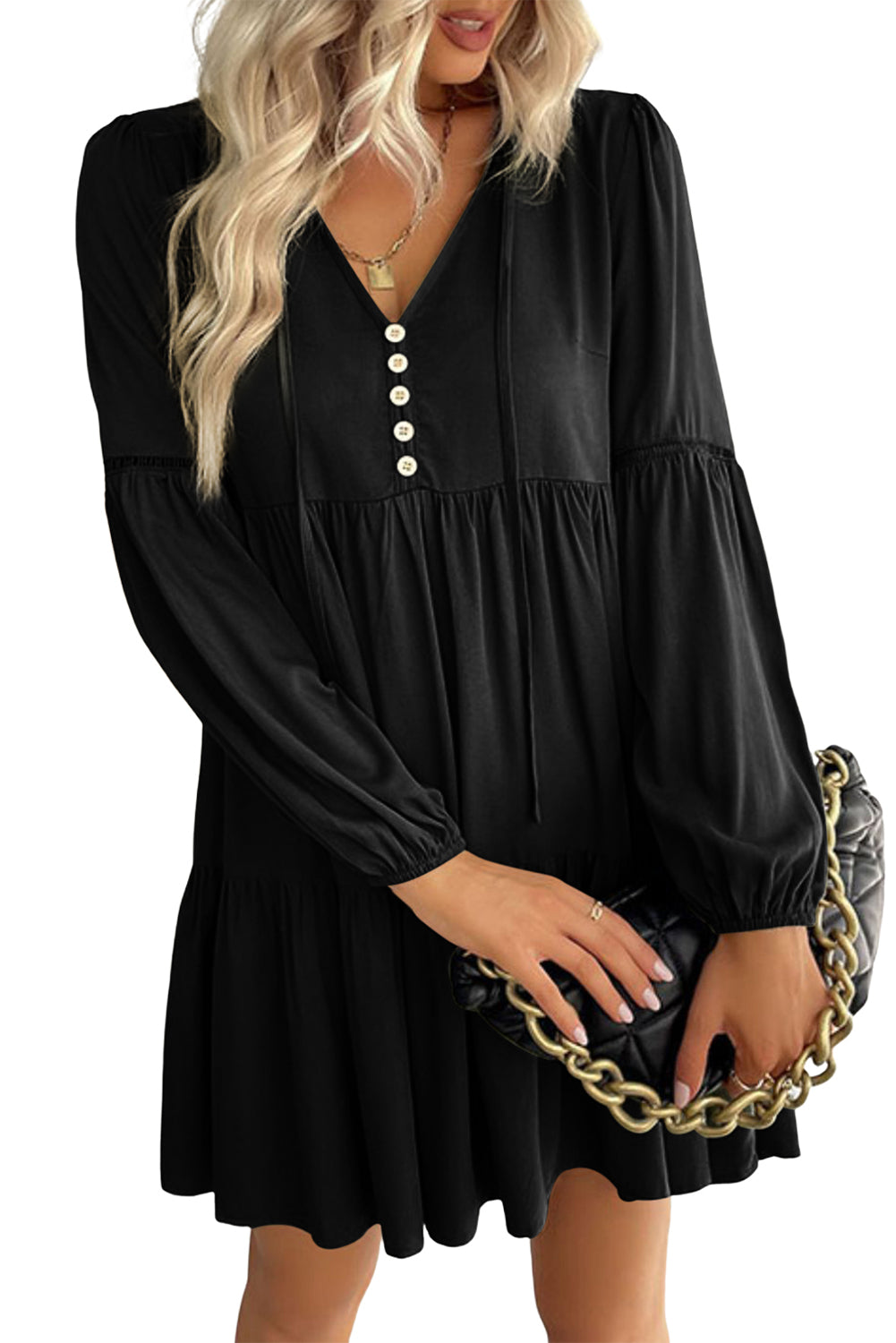 Schwarzes Minikleid aus Spitze mit Puffärmeln, Knöpfen und Rüschen