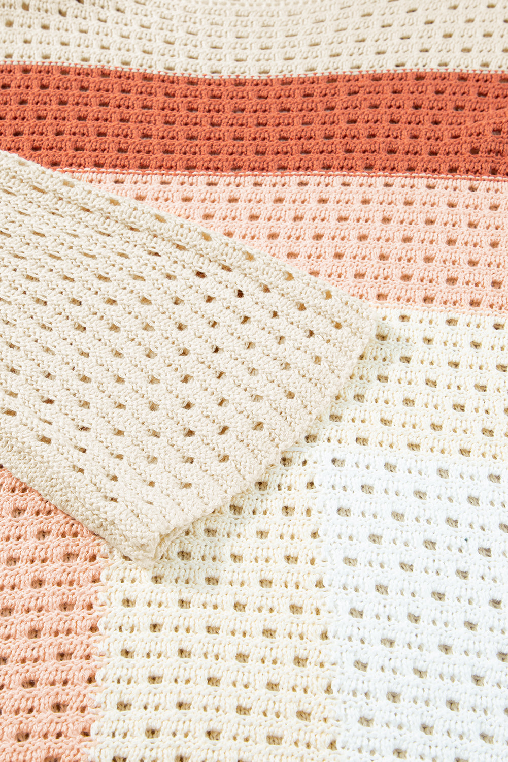 Aprikosenfarbener Pointelle-Strick-Baggy-Pullover mit Farbblockdesign