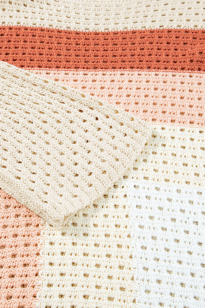 Aprikosenfarbener Pointelle-Strick-Baggy-Pullover mit Farbblockdesign
