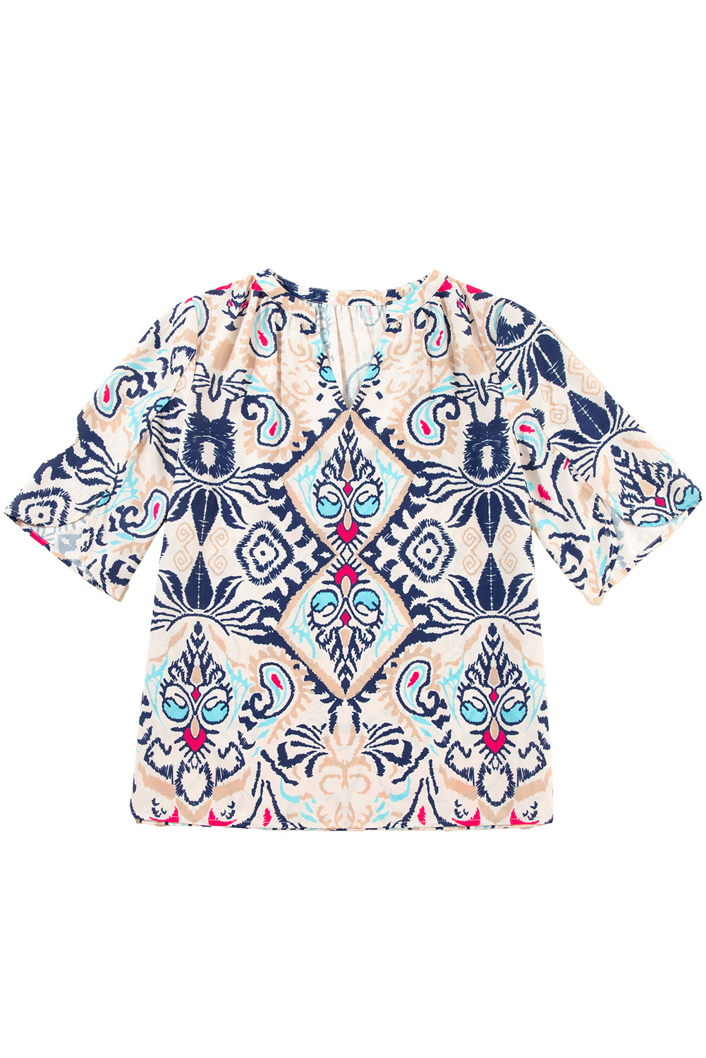 Weiße Bluse mit abstraktem Print und V-Ausschnitt, geschlitzten Halbarm