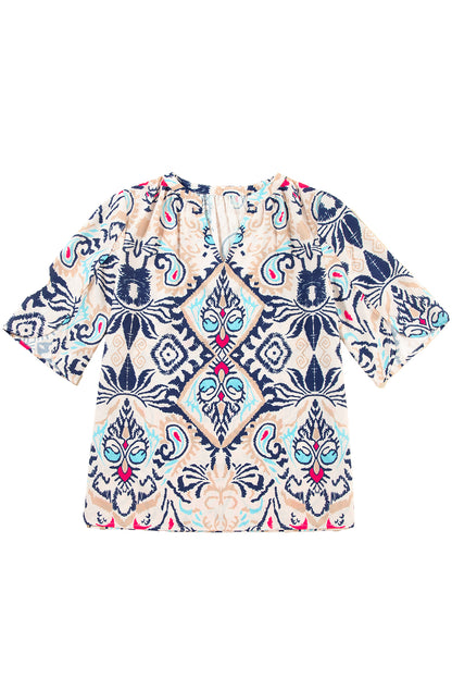 Weiße Bluse mit abstraktem Print und V-Ausschnitt, geschlitzten Halbarm