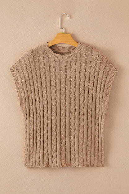 Hellbeiger, kurzärmliger Zopfmusterpullover mit Rundhalsausschnitt