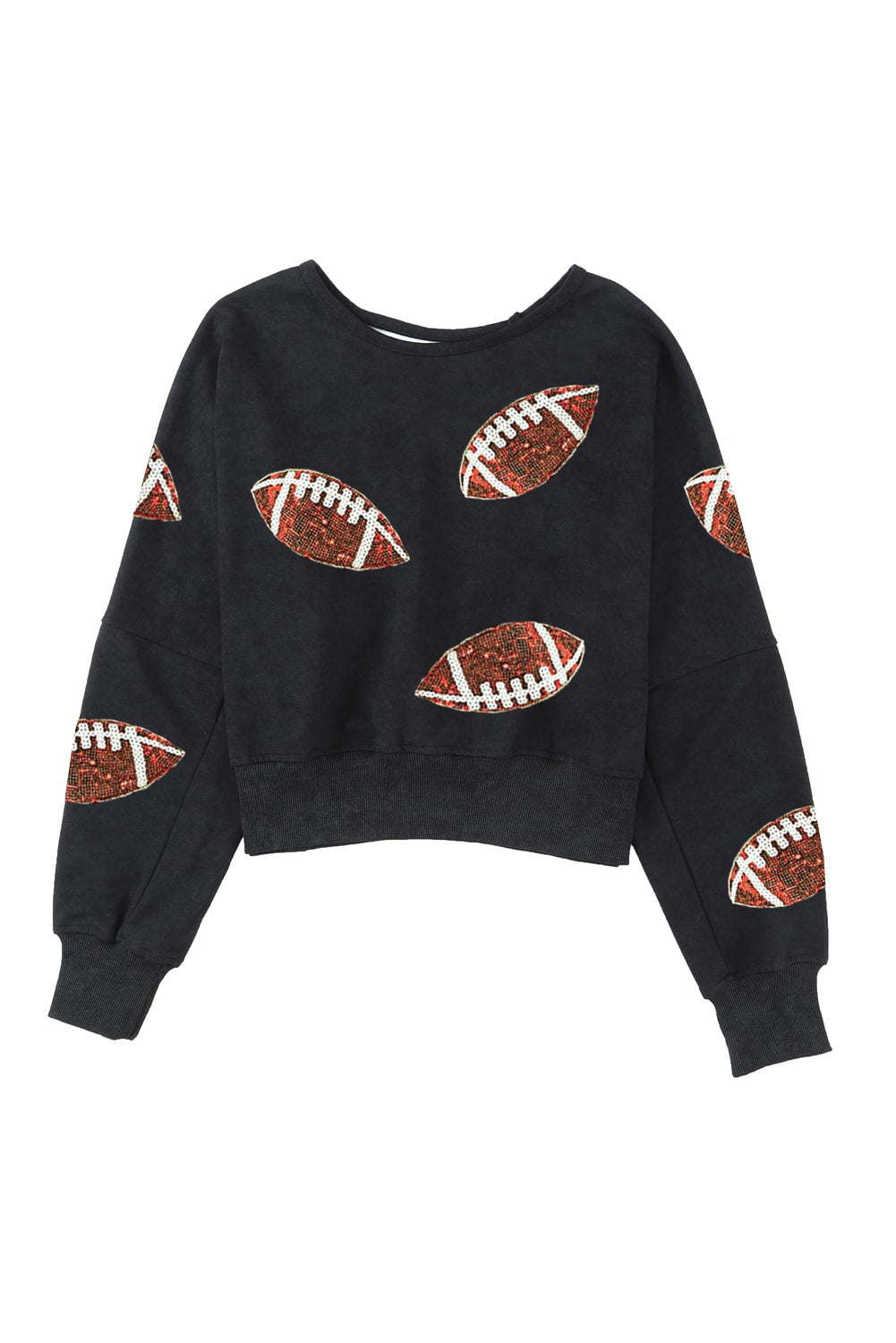Schwarzes Sweatshirt mit offener Rückseite und Rugby-Grafik und Pailletten
