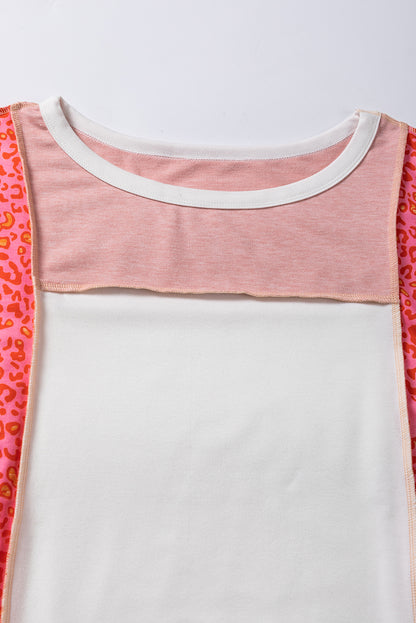 Peach Blossom Leopard Colorblock Patchwork Top mit sichtbaren Nähten