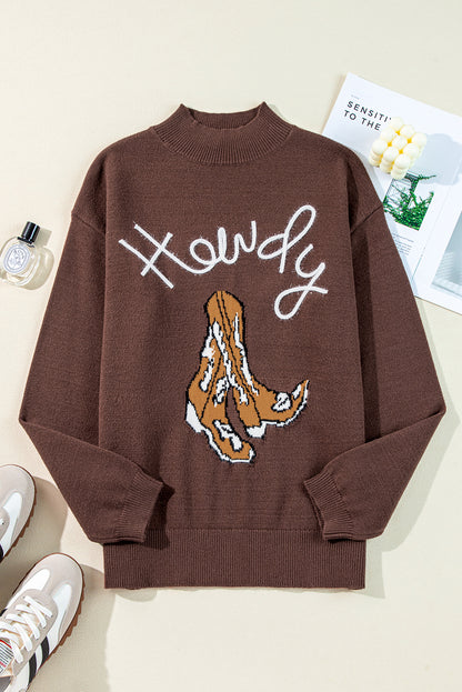 Kaffeefarbener Westernpullover mit Howdy Boot-Grafik und hohem Kragen