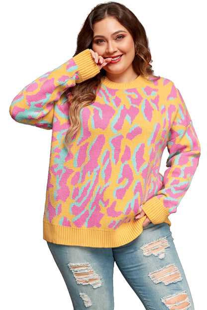 Leuchtend rosa Pullover mit geripptem Leopardenmuster in Übergröße