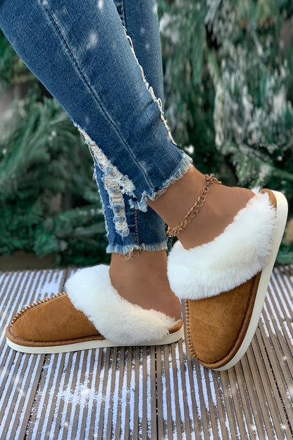 Camel Plush Suede Winter Home Slippers