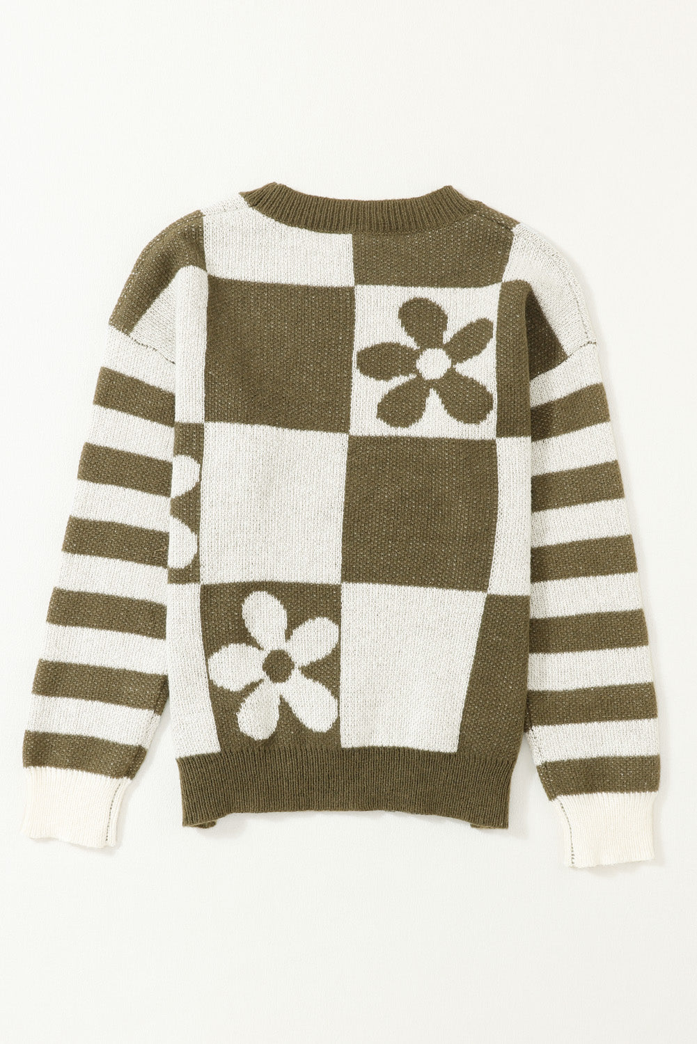 Grün karierter Pullover mit Blumenmuster und gestreiften Ärmeln