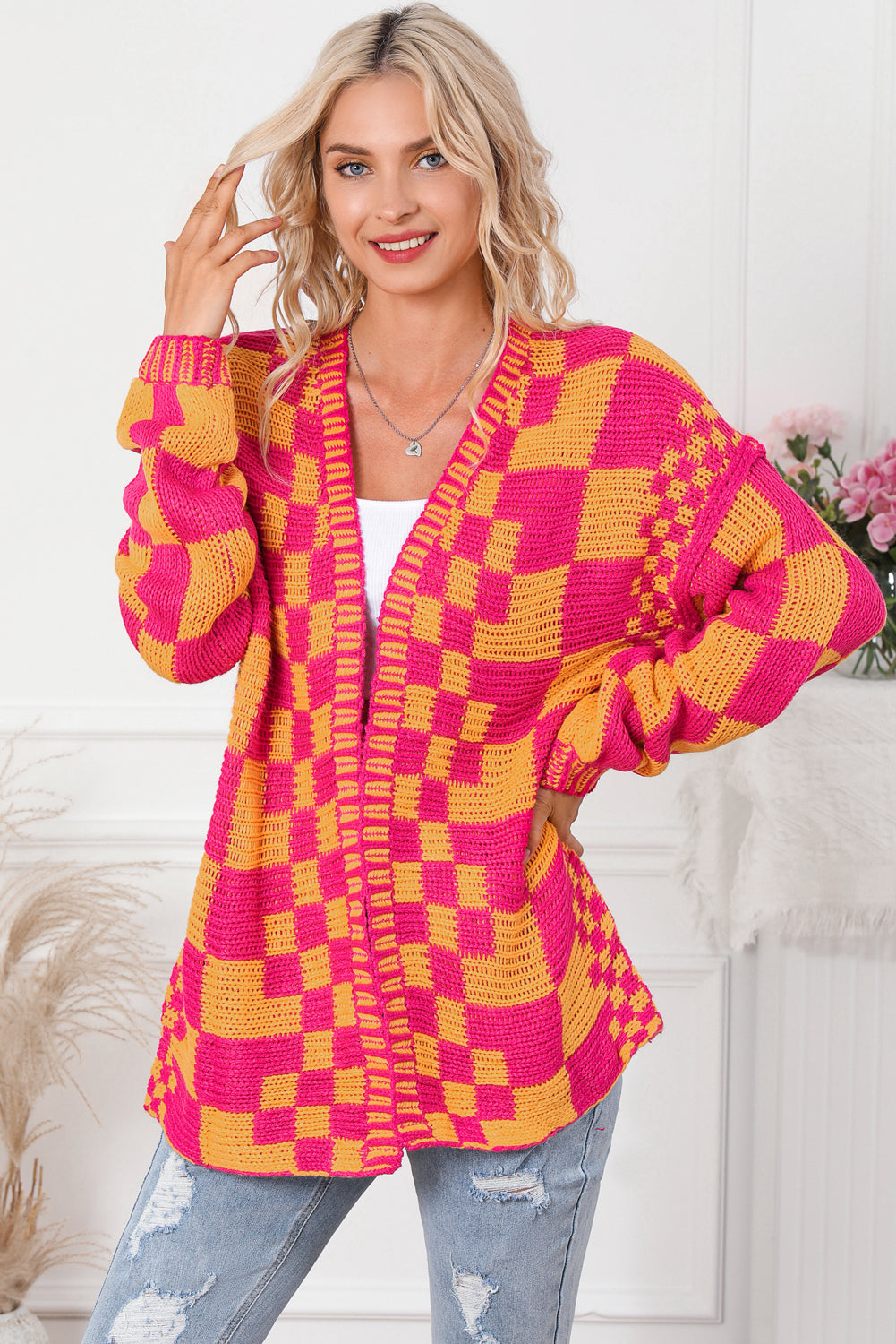 Mehrfarbige Strickjacke mit offenem Vorderteil und gemischtem Karomuster