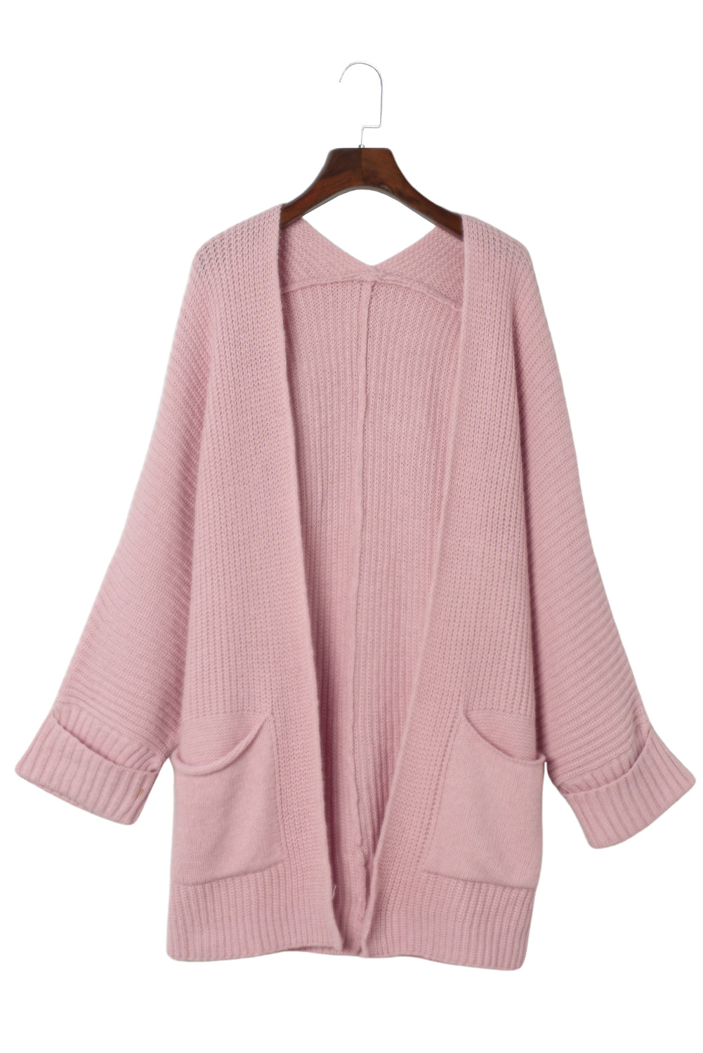 Rosafarbener Oversize-Strickpullover mit umgeschlagenen Ärmeln