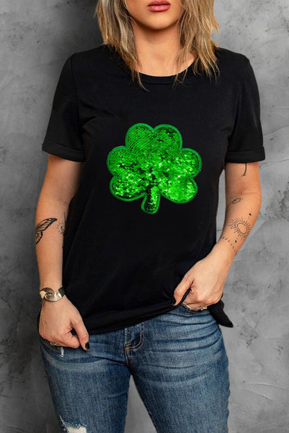 Schwarzes T-Shirt mit Kleeblatt-Stickerei und Rundhalsausschnitt