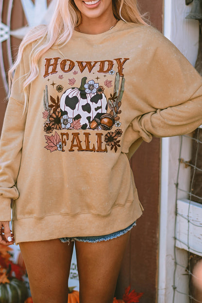 Khakifarbenes Sweatshirt „HOWDY FALL“ mit Kürbis-Print und geteiltem Saum