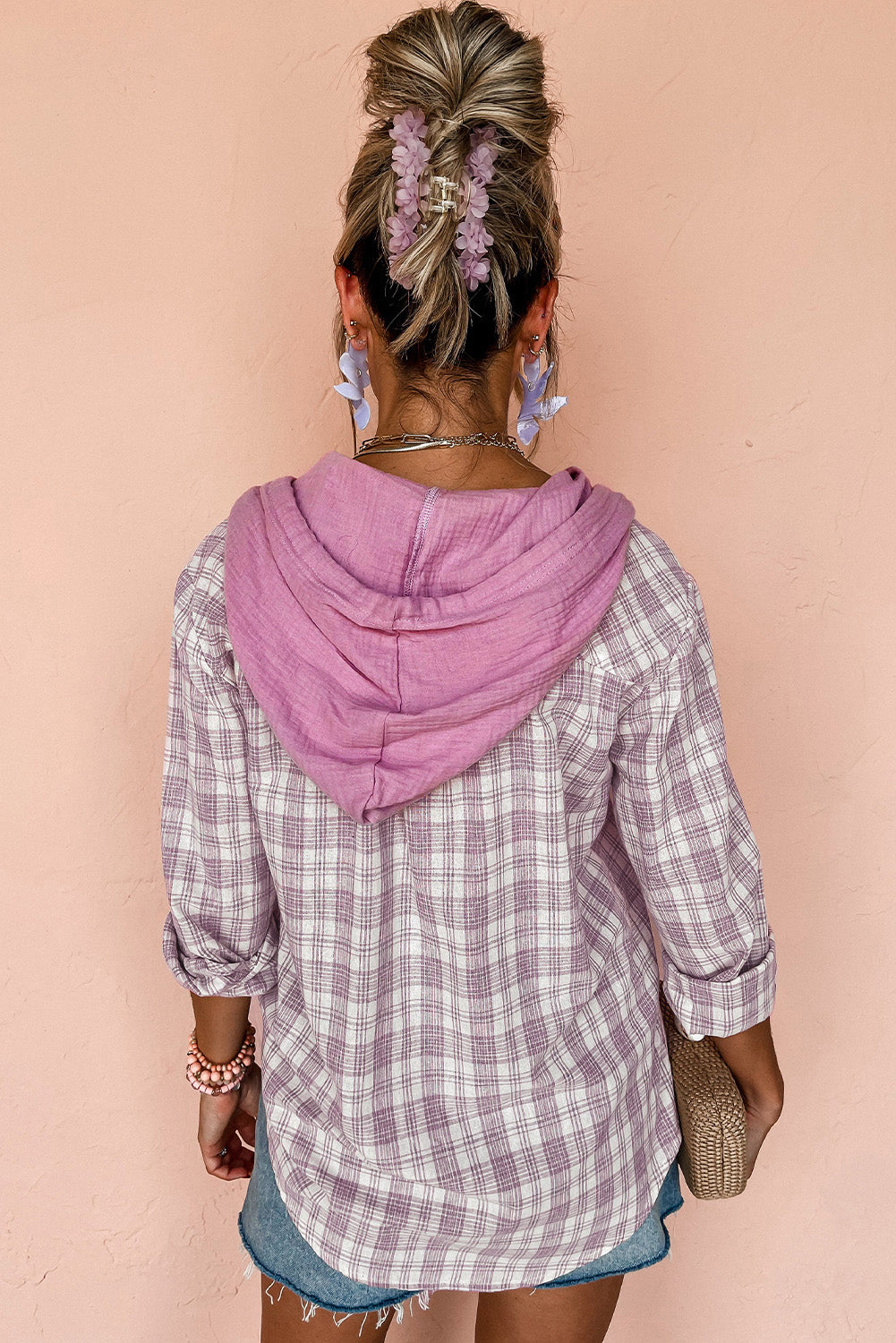 Locker geschnittene Shacket mit Kapuze und Karomuster in Rosa