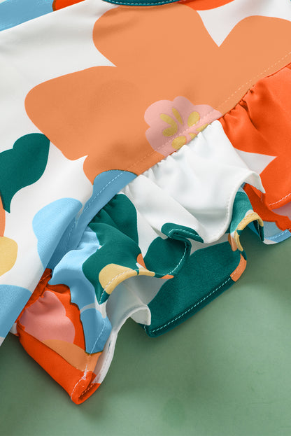 Orangefarbene Bluse mit Blumenmuster, V-Ausschnitt, Rüschenärmeln