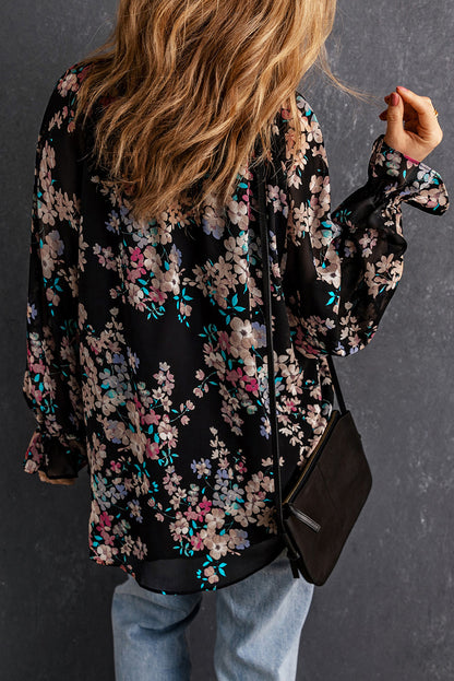Schwarze Chiffonbluse mit Wildblumen-Print
