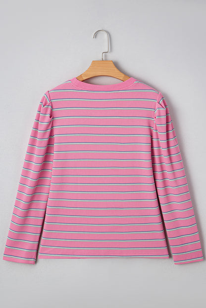 Rose Stripe Textured Knit Round Neck Long Sleeve Top
