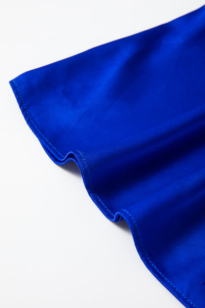 Dunkelblaue asymmetrische Satinbluse mit Glockenärmeln und One-Shoulder-Träger