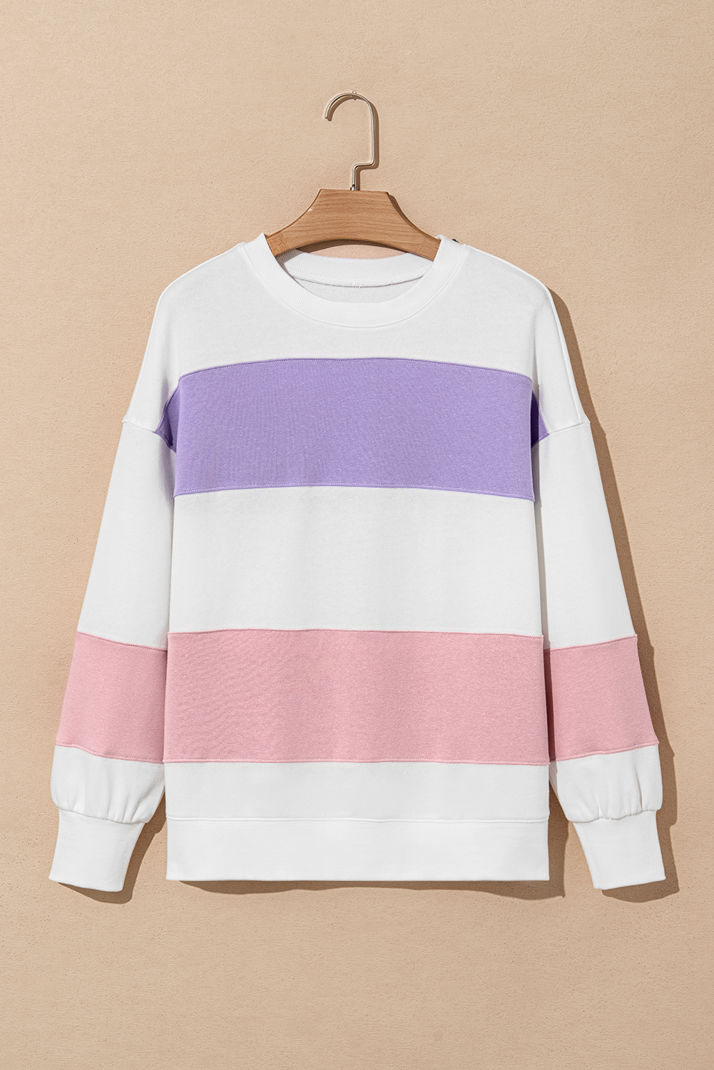Beiges Sweatshirt mit Rundhalsausschnitt und Patchwork-Farbblockdesign mit überschnittener Schulter