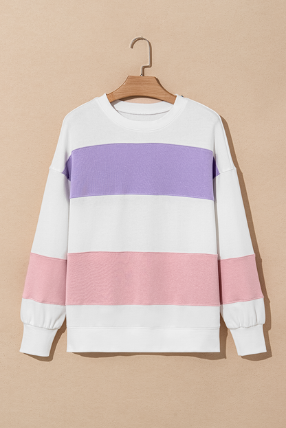 Beiges Sweatshirt mit Rundhalsausschnitt und Patchwork-Farbblockdesign mit überschnittener Schulter