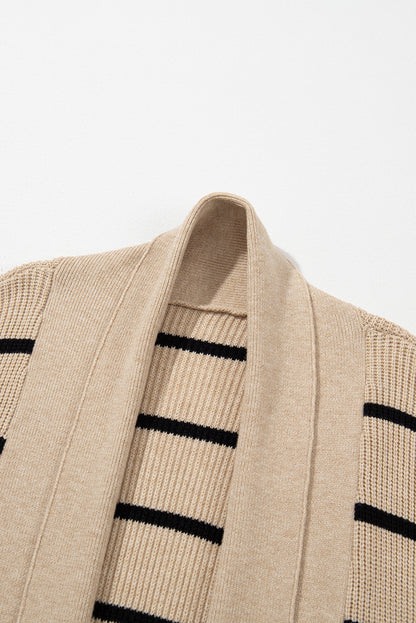 Schwarz gestreifter offener Cardigan mit Schalkragen und Taschen