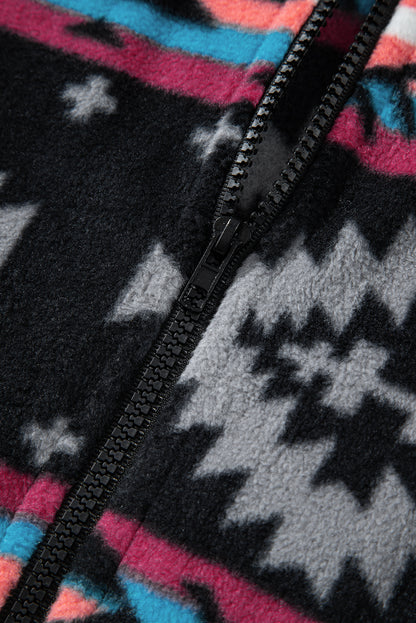 Schwarze Jacke mit Reißverschlusskragen und Aztekenmuster