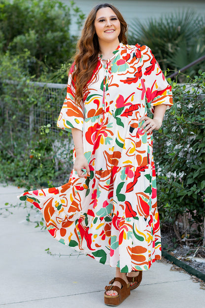 Oranges Kleid mit Blumenmuster und Kordelzug und V-Ausschnitt in Übergröße