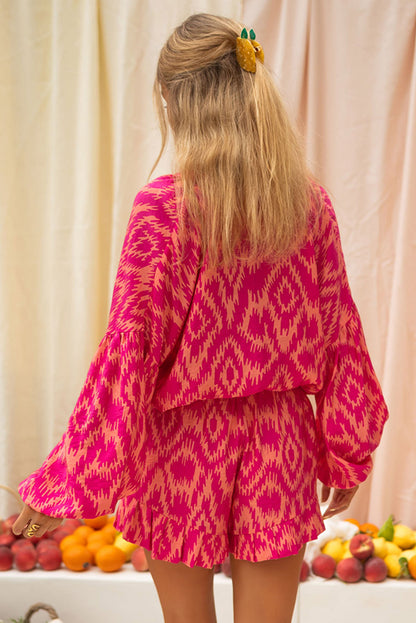 Rose Western-Set mit Oberteil und Shorts mit geometrischem Aztekenmuster und Rüschen