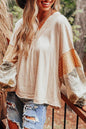 Jet Stream – Lockere Bluse mit Palmenblättern und Punkten, Puffärmeln, Patchwork, V-Ausschnitt