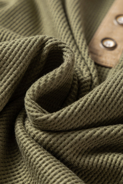 Vineyard Green Color Block Waffle Textured Tunic Henley Top with Slits