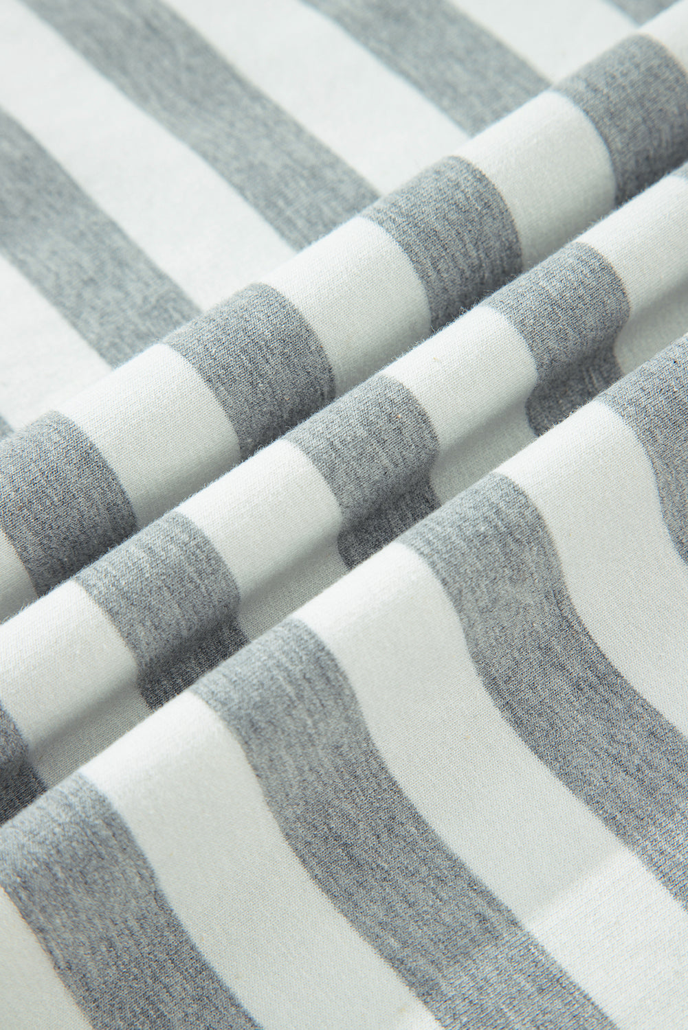 Gray Stripe Contrast Ribbed Banding Long Sleeve Blouse Loose Shorts Set