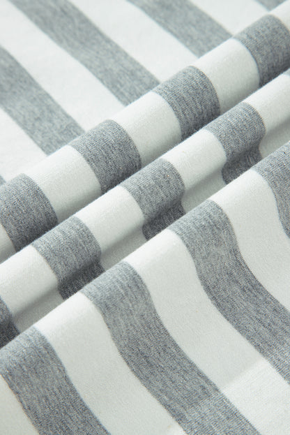 Gray Stripe Contrast Ribbed Banding Long Sleeve Blouse Loose Shorts Set