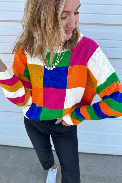 Orange karierter Farbblock-Pullover mit Rundhalsausschnitt und lockerem Schnitt