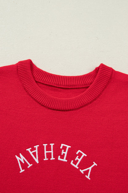 Fiery Red YEEHAW Embroidered Letter Loose Short Sleeve Sweater