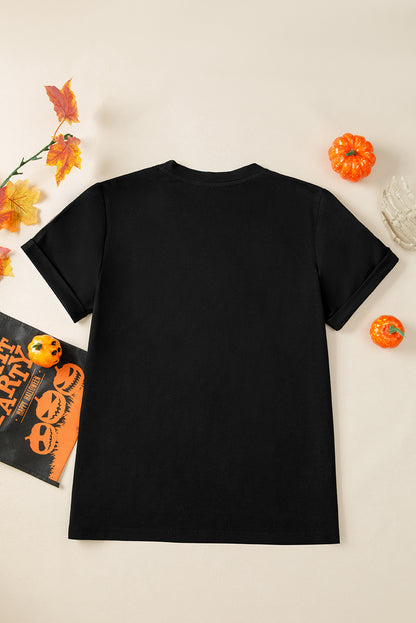 Schwarzes Pailletten-Kürbisgesicht-Halloween-T-Shirt