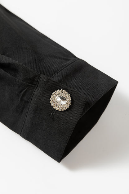 Schwarzes, elastisches, tailliertes, langärmliges Mini-Hemdkleid