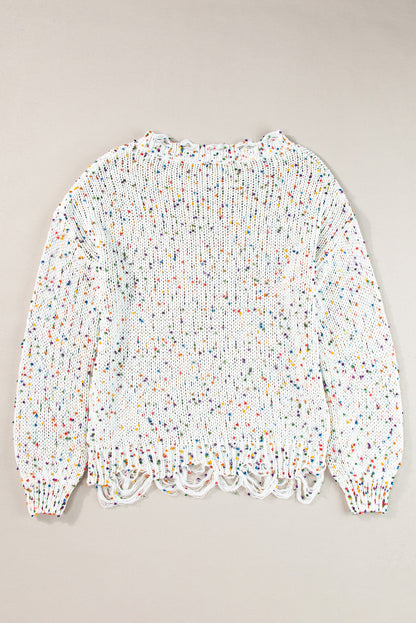 White Colorful Popcorn Knit Distressed Tunic Sweater