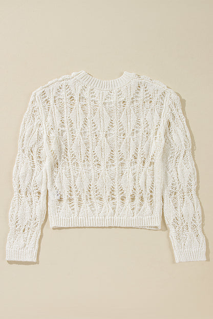 Weißer, locker sitzender Pullover mit Rundhalsausschnitt und Häkelmuster