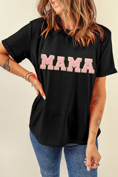 Schwarzes MAMA Chenille-T-Shirt mit Grafik
