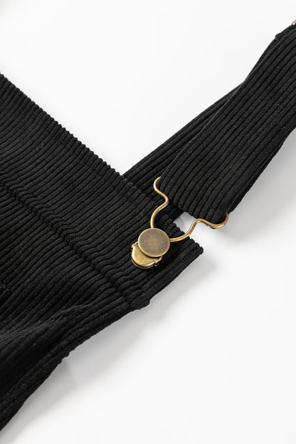 Schwarzes, einfarbiges, ärmelloses Cord-Overallkleid mit Fronttaschen