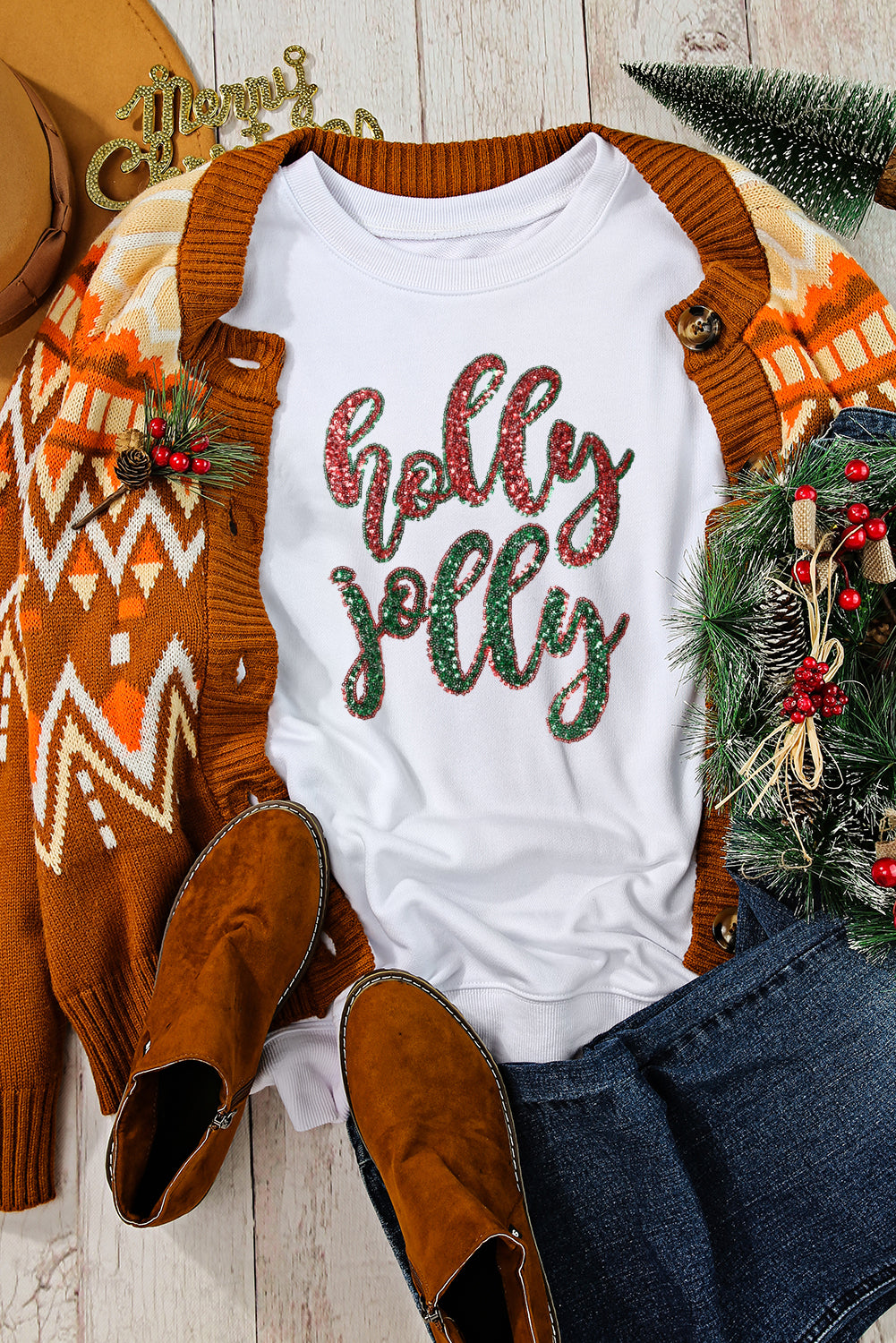 Weißes Weihnachts-Sweatshirt mit Pailletten und Holly Jolly-Grafik