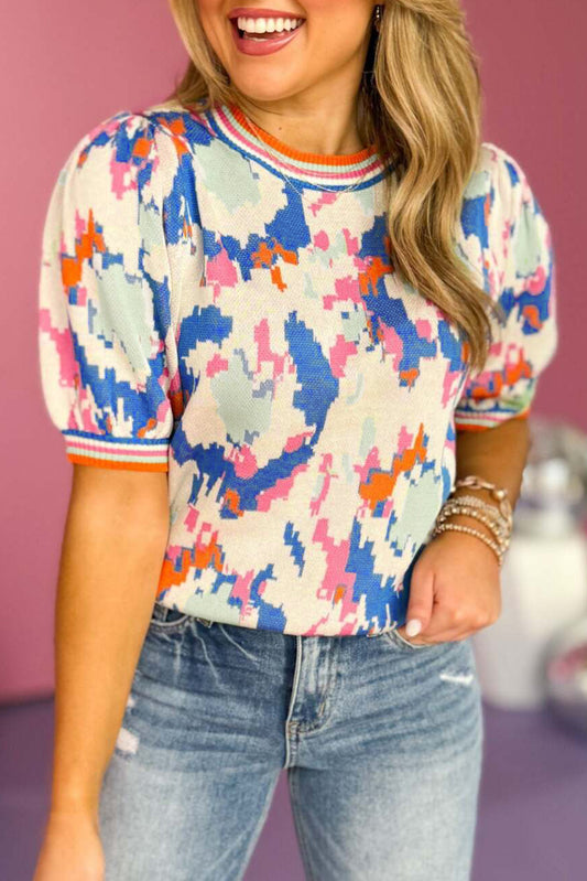 Apricot Abstract Pattern Knit Contrast Striped Trim Short Sleeve Sweater