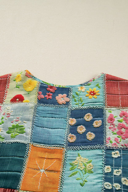 Sky Blue Mix Floral Checkered Pattern Bubble Sleeve Ruffle Hem Dress